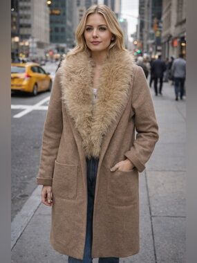 Joie Taupe Long Coat with Faux Fur Shawl Collar